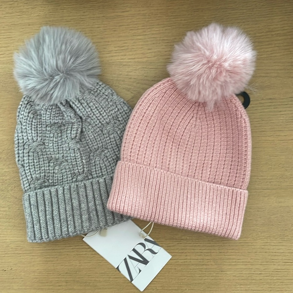 Zara Kids Bundle of 2 Beanie Faux Fur Pom Hats Gray and Pink 1-3 years